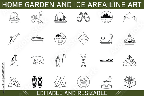 Home Garden, Ice Area, Line Art Icons, Editable, Resizable, Winter, Summer, Nature, Travel, Adventur