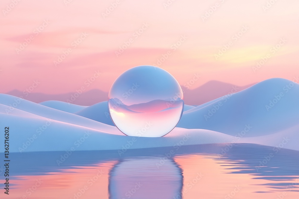 © ChaoticMind - Reflective sphere resting on serene landscape at sunset with soft pastel colors © ChaoticMind - Reflective sphere resting on serene landscape at sunset with soft pastel colors