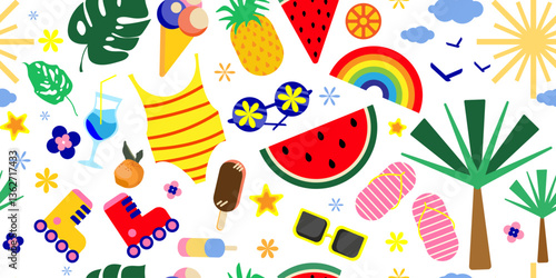 Seamless summer pattern with tropical fruits, swimwear, beach accessories, palm trees, sunny weather icons. Packaging, textiles, wrapping, digital backgrounds, seasonal marketing.Vector illustration