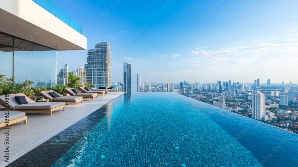 Fototapeta premium Luxurious infinity pool bliss urban rooftop architectural beauty modern city panoramic view tranquility and luxury