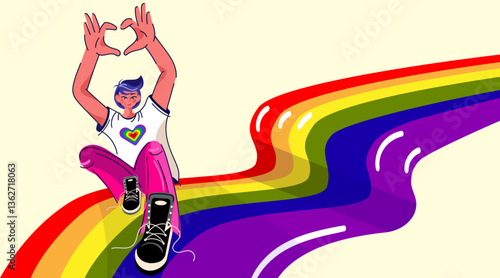 LGBTQ+ Person Making Heart Sign on Rainbow Slide.Pride Celebration Character Sliding on Rainbow Path. Pride event poster,web banner, social media, awareness campaigns,inclusive educational .Vector