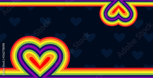LGBTQ Pride Border with Colorful Heart.Dark background banner with rainbow heart border and subtle heart pattern, for pride events, social media headers, inclusive digital content.Vector illustration