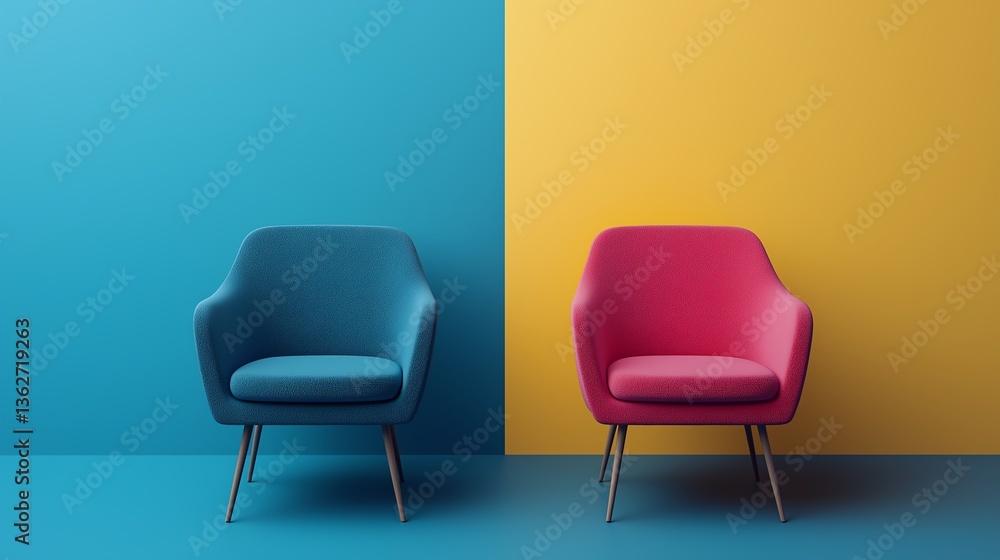 Two modern chairs in contrasting colors, light blue and vibrant pink, set against a minimalist backdrop of complementary wall colors. Perfect for contemporary interior design. Two modern chairs in contrasting colors, light blue and vibrant pink, set against a minimalist backdrop of complementary wall colors. Perfect for contemporary interior design.