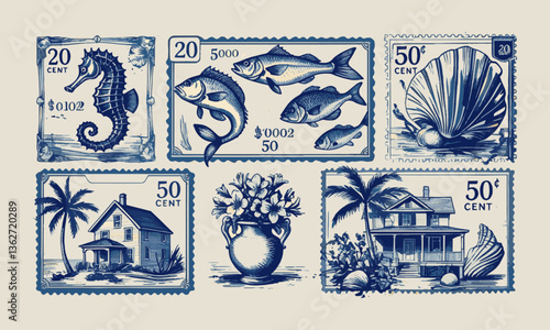 A collection of modern vector-style postage stamp illustrations featuring hand-drawn coastal and Mediterranean-themed sketches, easily editable.