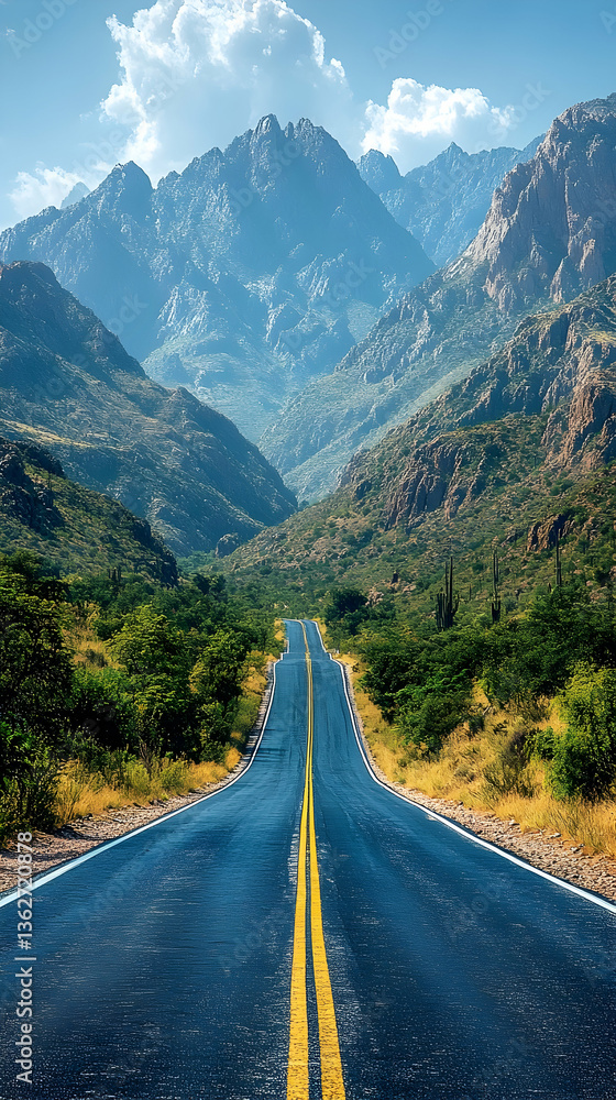 Fototapeta premium Road stretching into mountains under a blue sky with scattered clouds and green vegetation