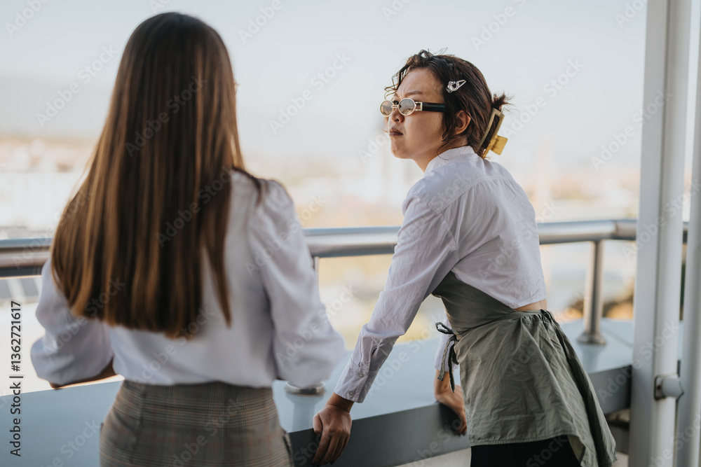 Two business workers enjoying a break on a balcony, sharing a conversation. The setting is relaxed and captures a multicultural workplace environment. Two business workers enjoying a break on a balcony, sharing a conversation. The setting is relaxed and captures a multicultural workplace environment.