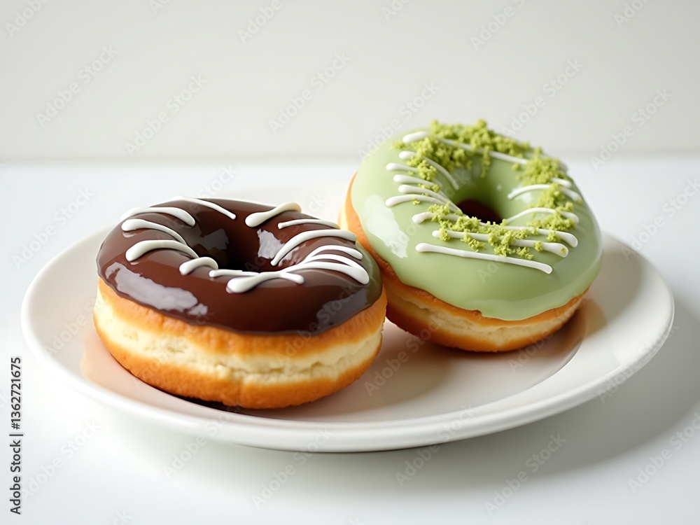 Close-Up of Chocolate & Matcha Glazed Donuts on White Plate Close-Up of Chocolate & Matcha Glazed Donuts on White Plate