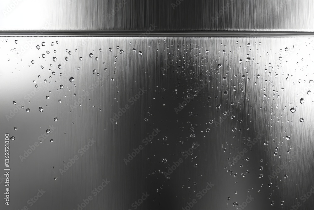 Obraz premium Close-up view of water droplets on a stainless steel surface highlighting textures and reflections in a kitchen setting