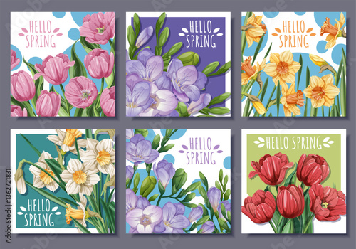 Spring Square Card Set with Tulip, Daffodil and Freesia Bouquets. Floral Greeting Design for Banners, posters, Social Media, Prints and Seasonal Decor. Fresh Vector Illustrations.