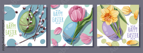 Happy Easter Square Card Set with Colorful Eggs, Tulips, Daffodils and Willow Branches. Perfect for Banners, Posters, Social Media, and Festive Decor. Cheerful Vector Illustrations.