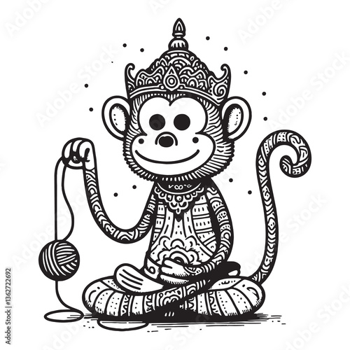 Highly detailed monochrome illustration of a meditative monkey in a decorative style holding a yarn ball. Vibrant cultural and spiritual design with playful and artistic elements.