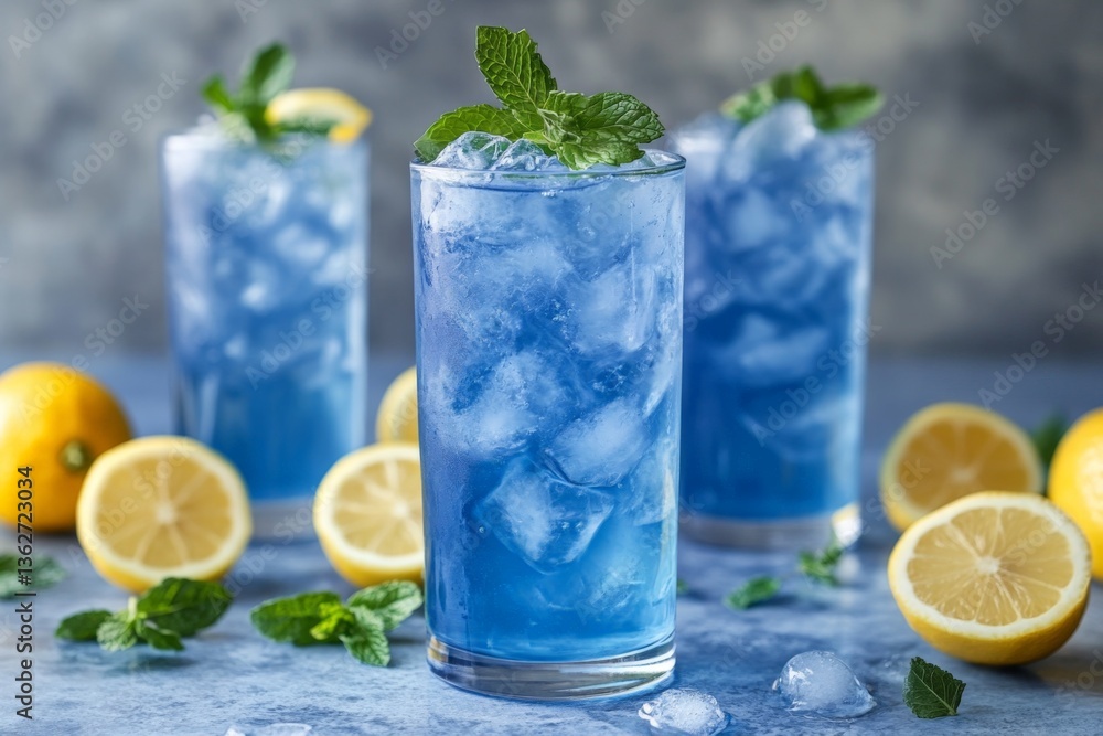 Fototapeta premium Refreshing blue drinks with ice and lemon slices on a cool summer day