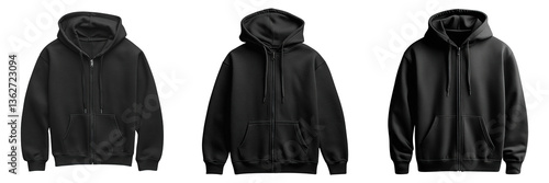 Classic Black Zip-Up Hoodie Mockup. Front View of Minimalist Sweatshirt with Hood and Pockets