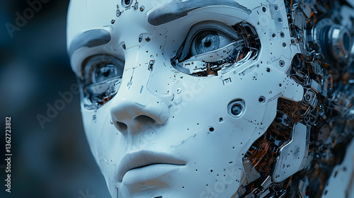 Robot's face android female with visible machinery and internal wires, looking upwards