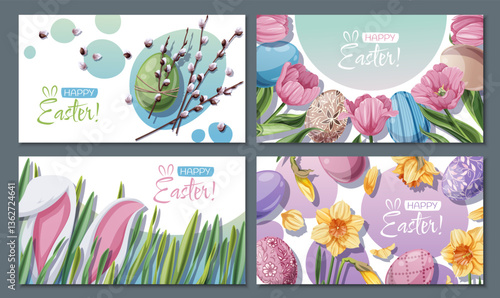 Happy Easter Sale Banner Set with Bunny Ears, Daffodils, Willow Branches, Tulips, and Eggs. Spring Holiday Promo Kit for Social Media, Posters, Flyers, and Digital Ads. Festive Vector Illustrations.