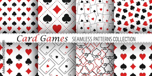 Card games vector seamless patterns collection. Hearts, crosses, spades and diamonds on white background. Best for textile, casino decor, wallpapers, wrapping paper, package and web design.
