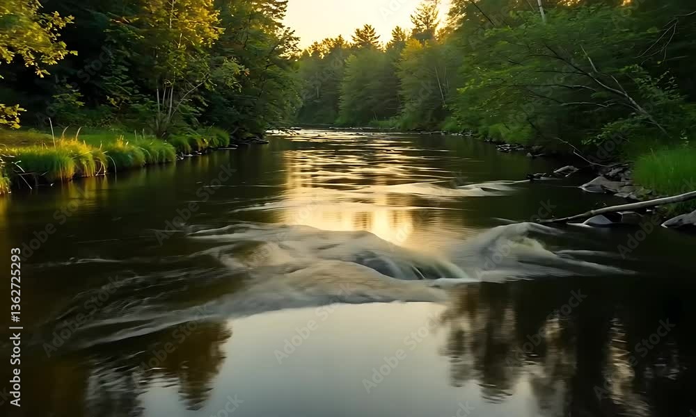 Peaceful River Flowing Through a Lush Forest at Sunset - Tranquil Nature Scene Peaceful River Flowing Through a Lush Forest at Sunset - Tranquil Nature Scene