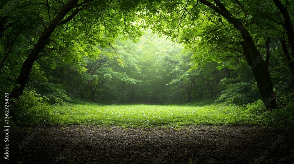 Obraz premium Serene Forest Clearing with Natural Green Canopy and Sunlight Streaming Through the Trees