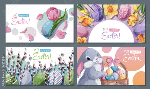 Happy Easter Sale Banner Set with Bunny, Daffodils, Willow Branches, Tulips, and Eggs. Spring Holiday Promo Kit for Social Media, Posters, Flyers, and Digital Ads. Festive Vector Illustrations.