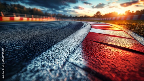 Captivating view of racetrack with vibrant curbing and dramatic sunset