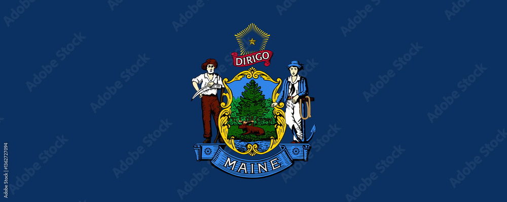 Obraz premium Maine state flag featuring the state coat of arms with symbols of industry and agriculture against a blue background