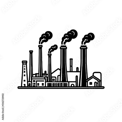 Line drawing of an industrial complex with smokestacks representing energy production and pollution
