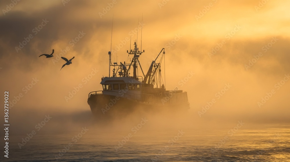 Fototapeta premium A fishing trawler navigating through misty ocean waters at dawn.