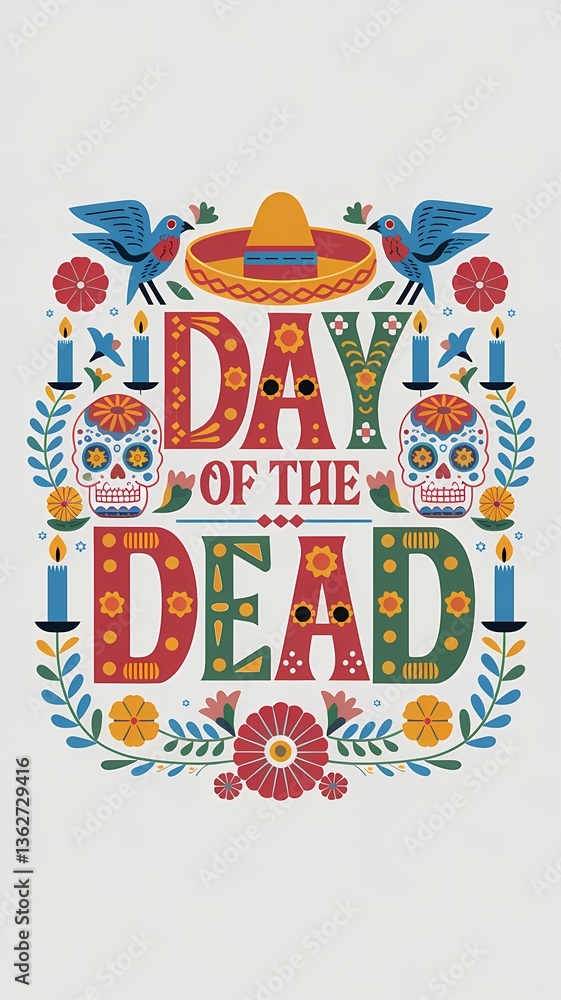A vibrant and festive Day of the Dead design with bold central text surrounded by colorful sugar skulls marigold flowers traditional sombrero candles, decorative birds in a symmetrical arrangement A vibrant and festive Day of the Dead design with bold central text surrounded by colorful sugar skulls marigold flowers traditional sombrero candles, decorative birds in a symmetrical arrangement