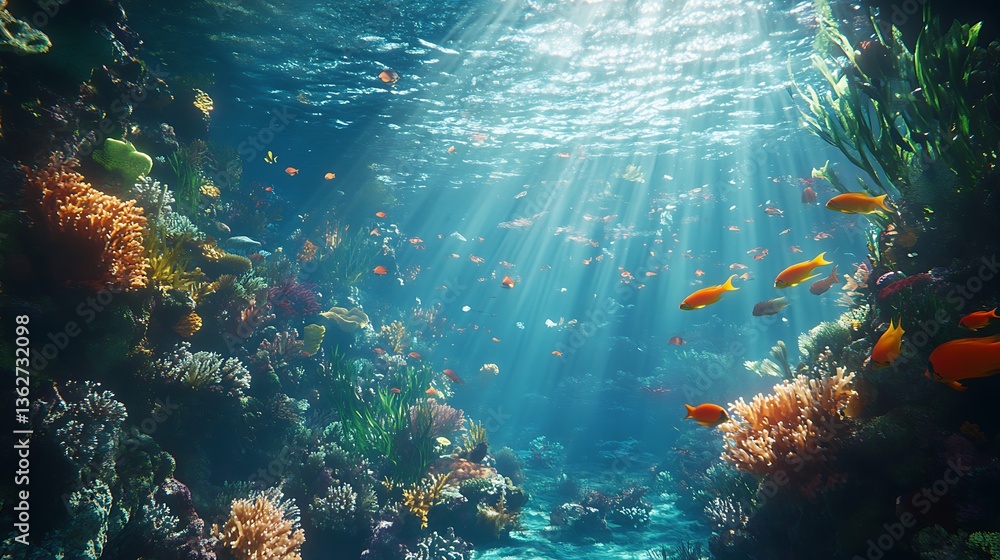 Naklejka premium Sunlight penetrates the vibrant coral reef teeming with diverse marine life