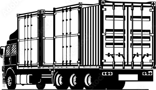 Heavy logistics and vehicles in SVG and vector formats. Black and White Illustration of a Truck with Cargo Containers