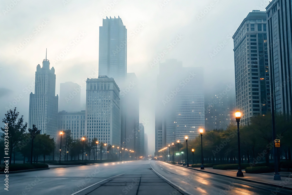 Fototapeta premium A foggy city street at night.