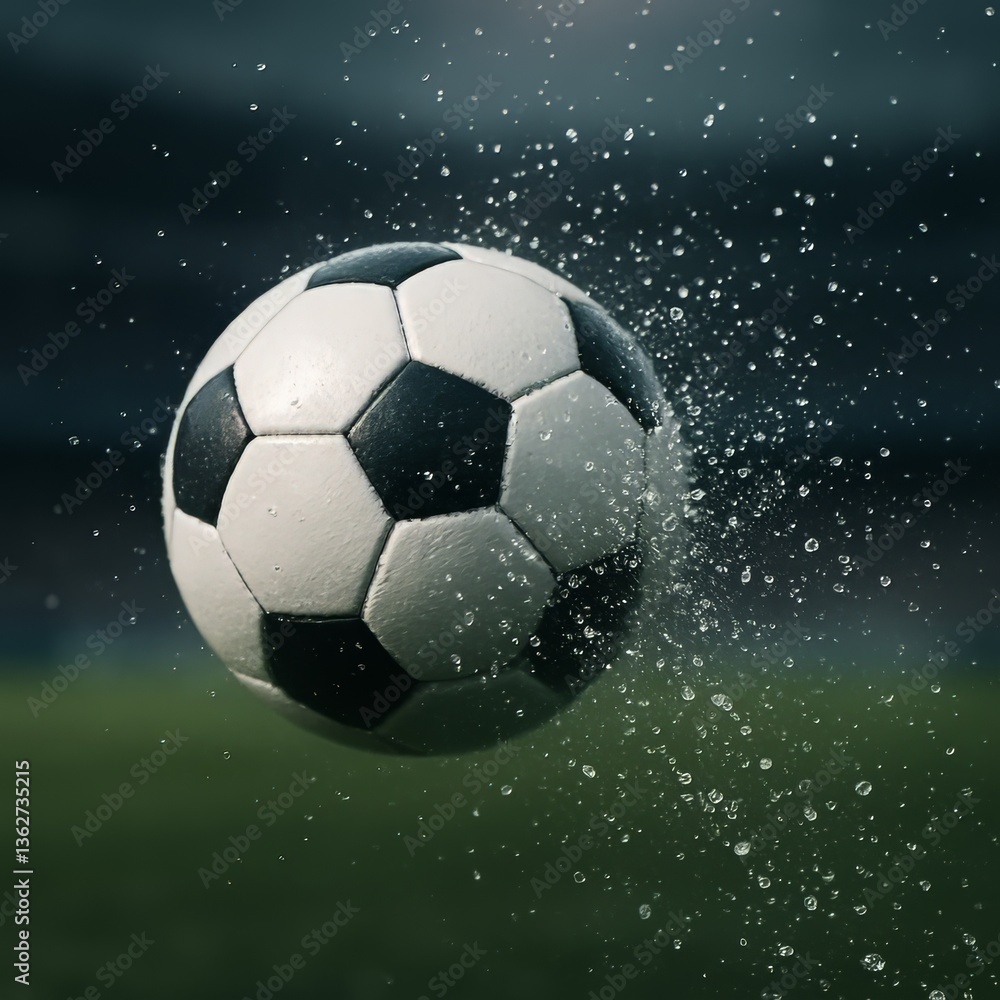 Naklejka premium Soccer ball action shows motion and water droplets against a blurred backdrop with green field