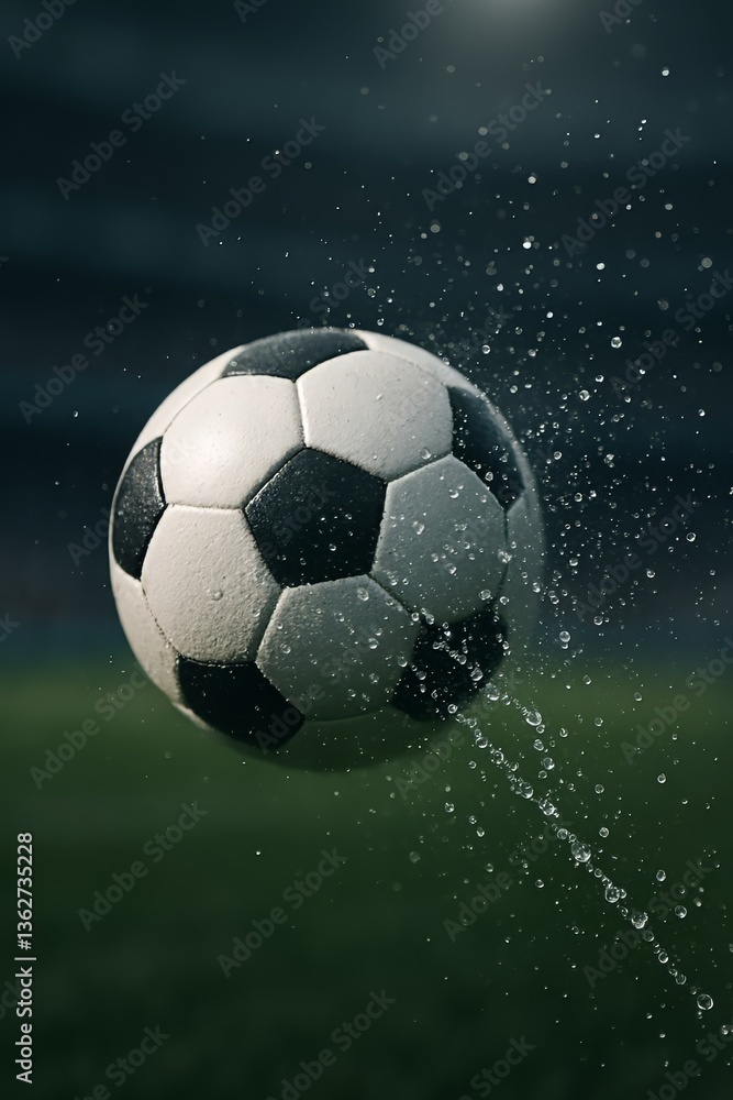 Naklejka premium Soccer ball flying with water droplets creates splash and motion in a sports game on a green field