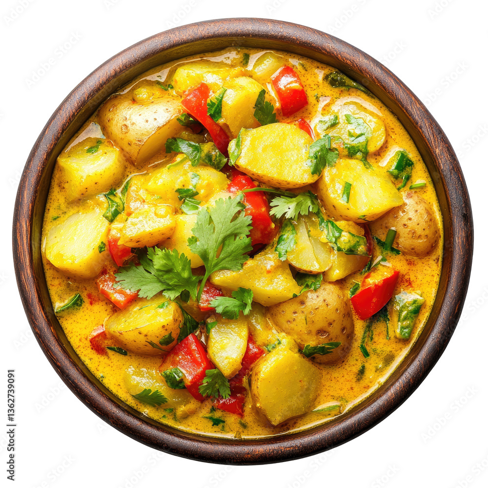 Hearty curry with potatoes and bell peppers. A flavorful dish featuring tender potatoes and colorful bell peppers simmered in a rich curry sauce. Fresh herbs garnish the top Hearty curry with potatoes and bell peppers. A flavorful dish featuring tender potatoes and colorful bell peppers simmered in a rich curry sauce. Fresh herbs garnish the top