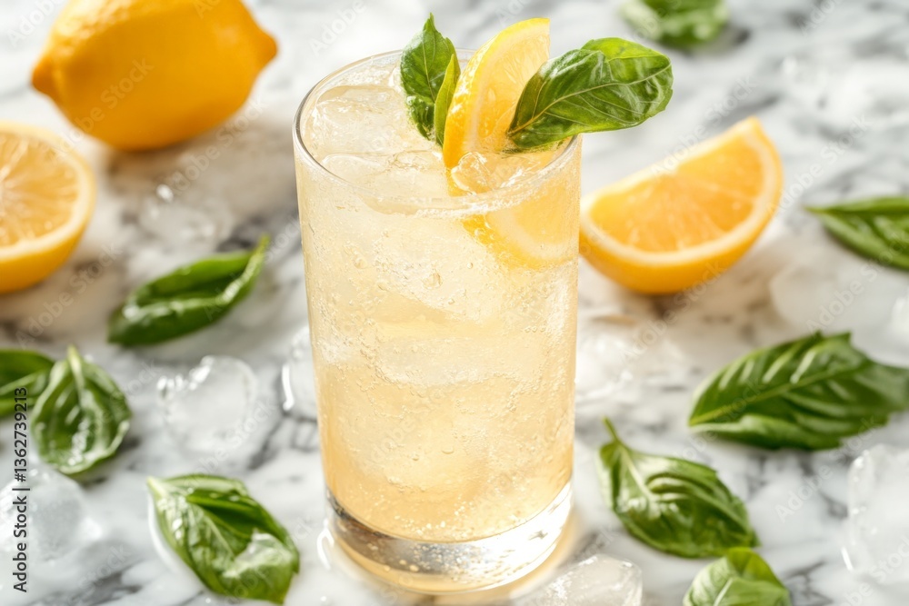 Refreshing basil lemonade garnished with lemon and fresh basil on a marble countertop during summer Refreshing basil lemonade garnished with lemon and fresh basil on a marble countertop during summer