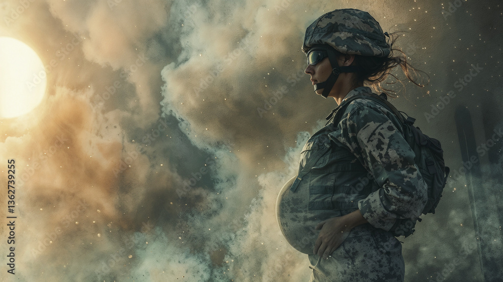 Fototapeta premium Pregnant female soldier in camouflage uniform stands in a battlefield, surrounded by smoke and dust. A striking contrast between motherhood and war, resilience, and strength