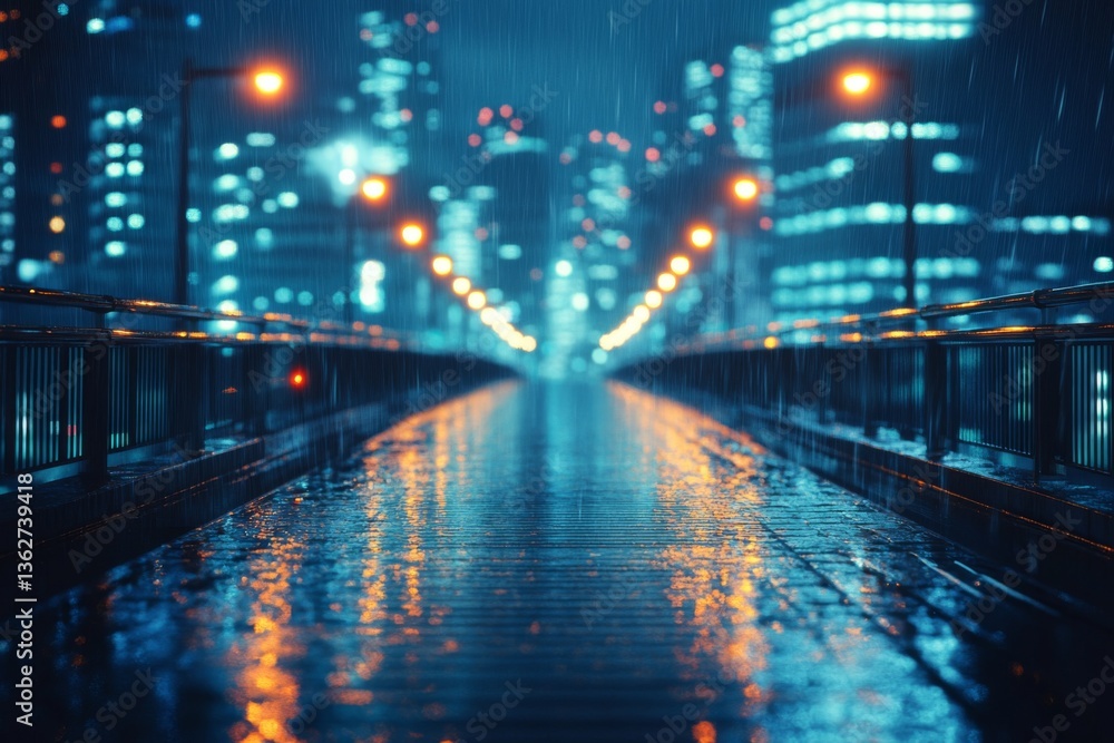 Obraz premium Wet city street at night with neon lights and reflections
