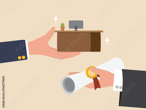 Education or certificate help career growth, skill or knowledge for opportunity, training or diploma concept, businessman offer job to graduate with degree scroll and medal flat vector illustration.