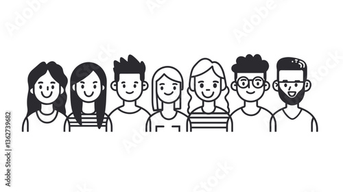 Diverse group of smiling individuals illustration representing community and inclusivity in design
