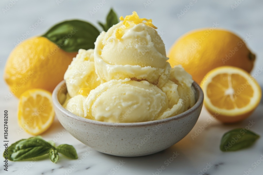Delicious lemon ice cream served in a bowl with fresh lemons and basil leaves for a refreshing dessert Delicious lemon ice cream served in a bowl with fresh lemons and basil leaves for a refreshing dessert