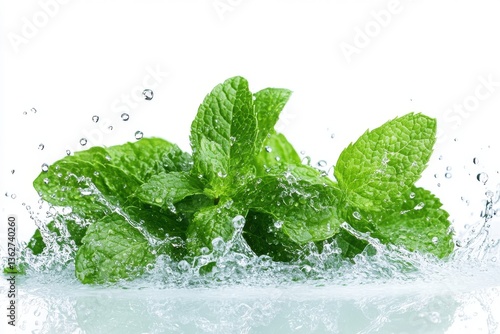 fresh mint leaves with splashing water drops isolated on white background