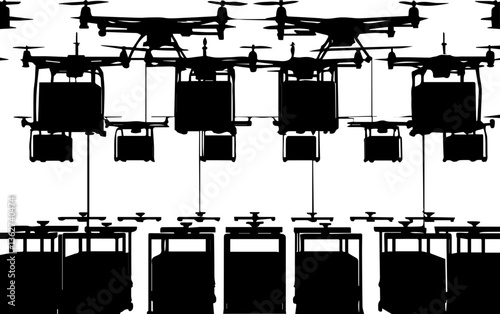 Industrial logistics and automation in SVG and vector formats. Silhouetted Drones with Cargo in Flight Above Urban Landscape