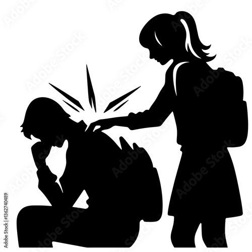 Schoolgirl comforting sad classmate silhouette