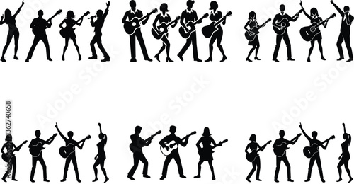 Silhouette Group Musicians, Performing with Guitars and Singing, Isolated on White