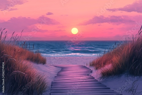 Serene beach path during pink and purple sunset