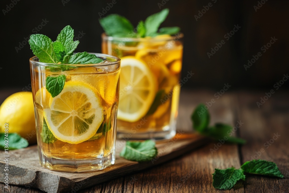 Refreshing mint lemon drink served in two glasses on wooden table with lemon and mint leaves Refreshing mint lemon drink served in two glasses on wooden table with lemon and mint leaves