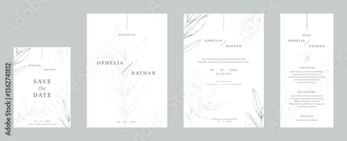 Hochzeitseinladung Set aus Save the date, Einladungskarten und Menü, minimalistisch mit Olivenzwei als Vektor