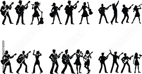 Silhouette of Musicians Playing Guitar and Singing on White Background. Black Figures