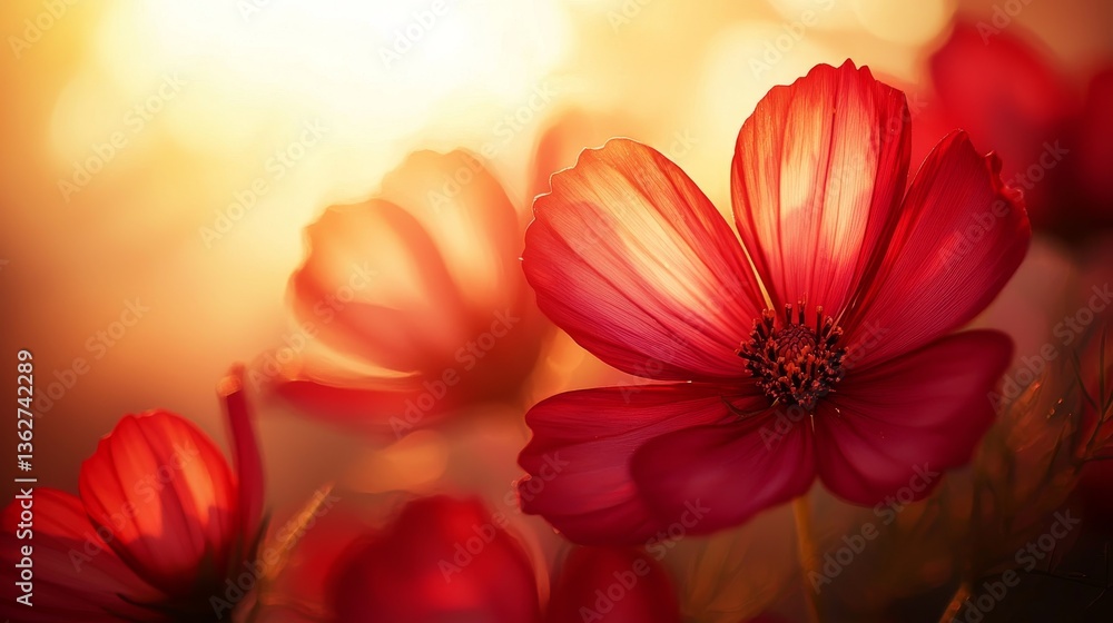 Radiant Red Cosmos Flowers Softly Illuminated by Golden Light Radiant Red Cosmos Flowers Softly Illuminated by Golden Light
