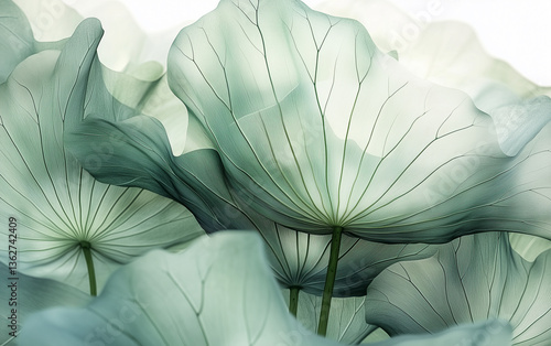 Abstract Lotus Leaves in Soft Green Tones, Botanical Art